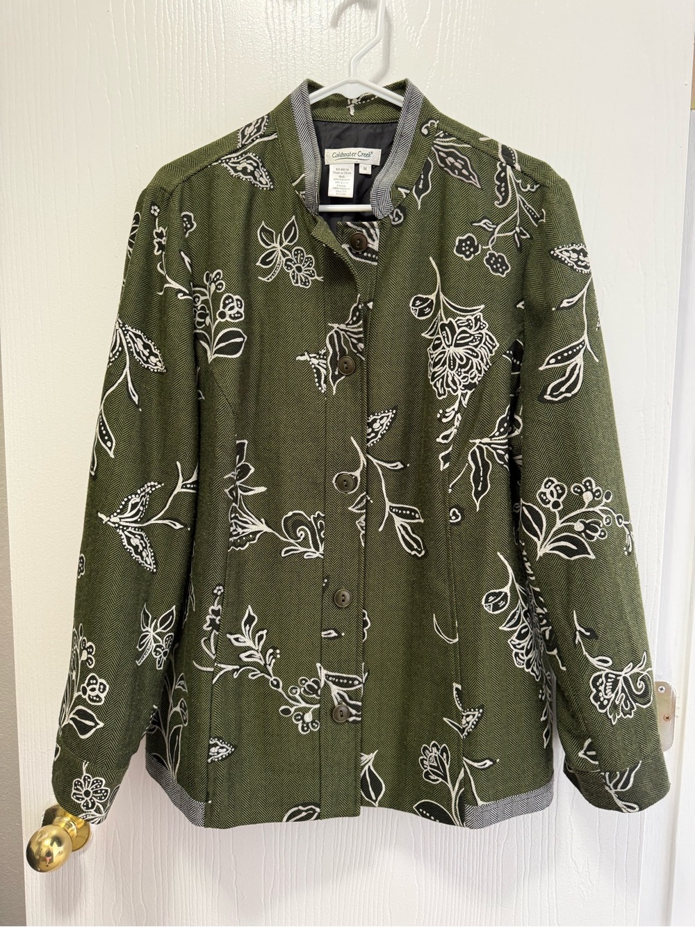 Coldwater Creek Green Herringbone Floral Mandarin Collar Jacket Coat 1X